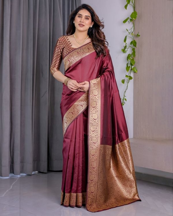 Wine Banarasi Soft Silk Saree With Golden Zari Border