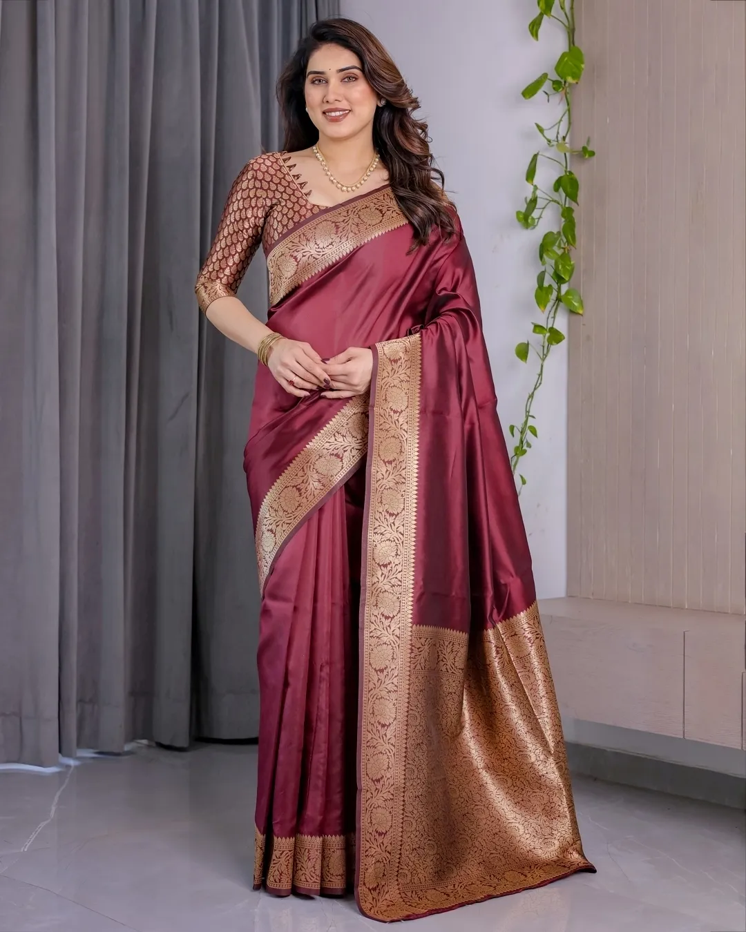 Wine Banarasi Soft Silk Saree With Golden Zari Border