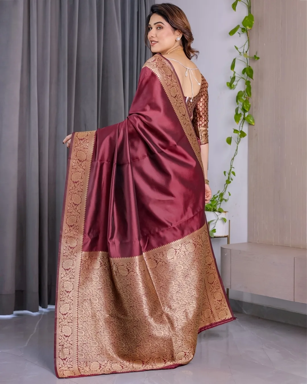 Wine Banarasi Soft Silk Saree With Golden Zari Border