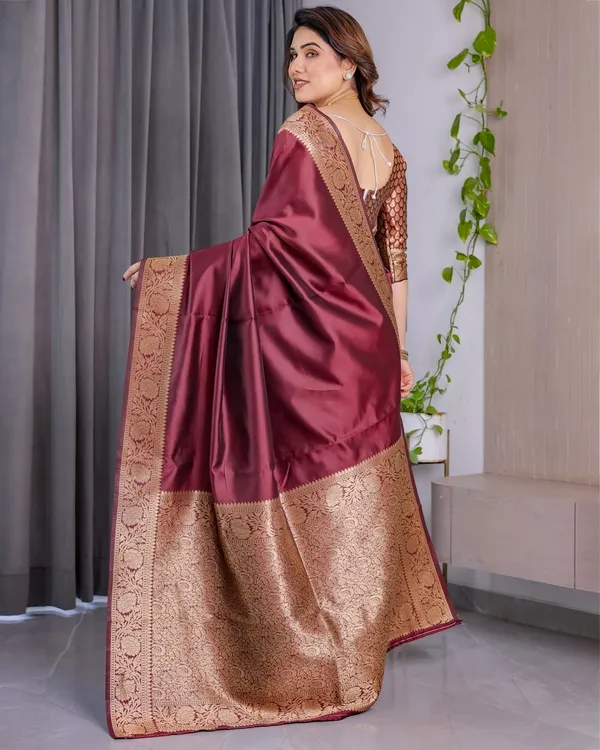 Wine Banarasi Soft Silk Saree With Golden Zari Border