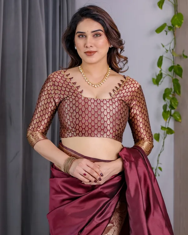 Wine Banarasi Soft Silk Saree With Golden Zari Border