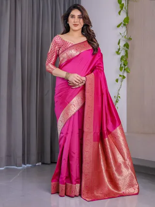 Rani Pink Banarasi Soft Silk Saree with Golden Zari Borders