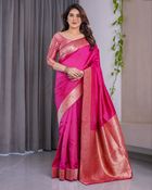 Rani Pink Banarasi Soft Silk Saree With Golden Zari Borders - pink, Rani Pink, Blush Pink, Plum, Orchid