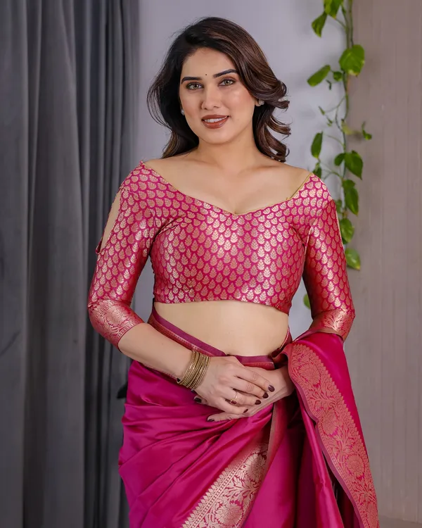 Rani Pink Banarasi Soft Silk Saree With Golden Zari Borders