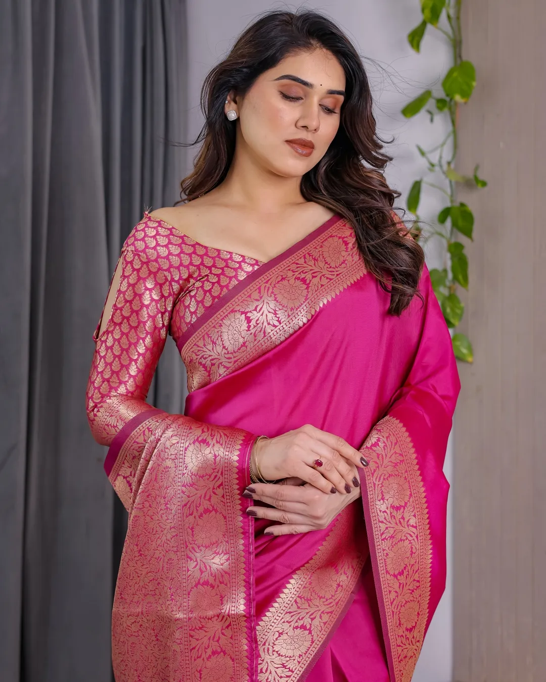 Rani Pink Banarasi Soft Silk Saree With Golden Zari Borders