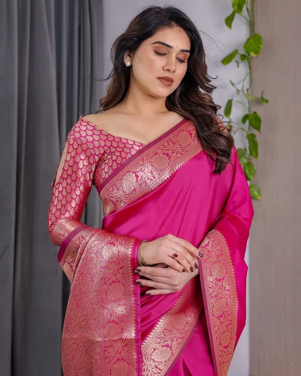 Rani Pink Banarasi Soft Silk Saree With Golden Zari Borders