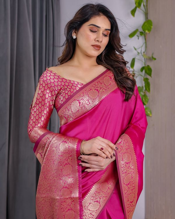 Rani Pink Banarasi Soft Silk Saree With Golden Zari Borders