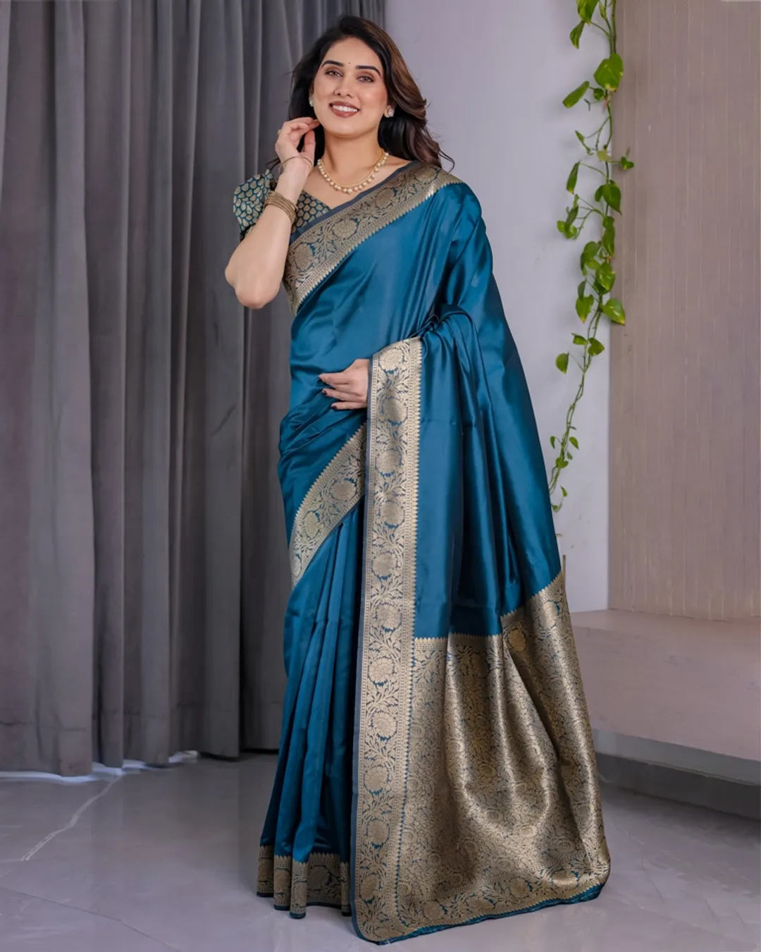 Teal Blue Banarasi Soft Silk Saree With Golden Zari Border