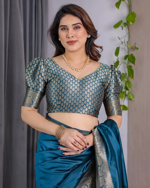Teal Blue Banarasi Soft Silk Saree With Golden Zari Border