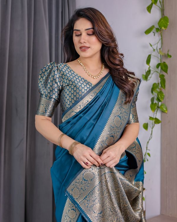 Teal Blue Banarasi Soft Silk Saree With Golden Zari Border
