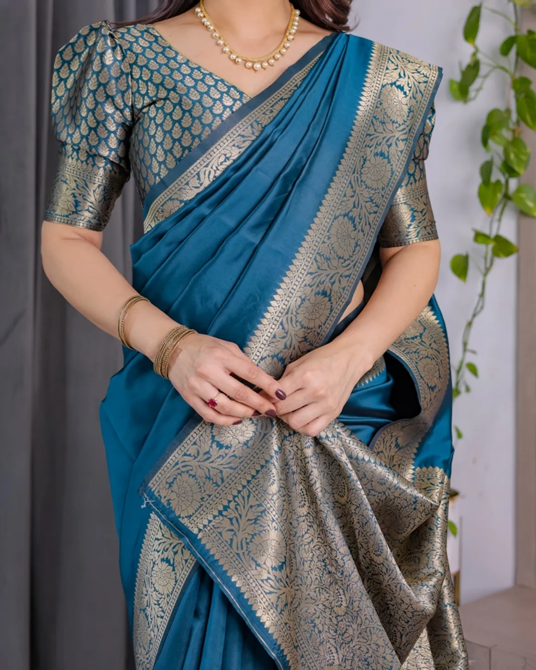 Teal Blue Banarasi Soft Silk Saree With Golden Zari Border