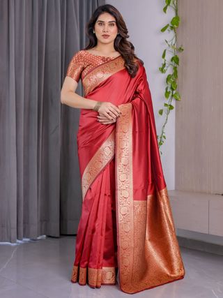 Red Banarasi Silk Saree With Rich Golden Zari Floral Border