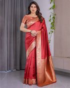 Red Banarasi Silk Saree With Rich Golden Zari Floral Border - Red, Brick Red, Scarlet