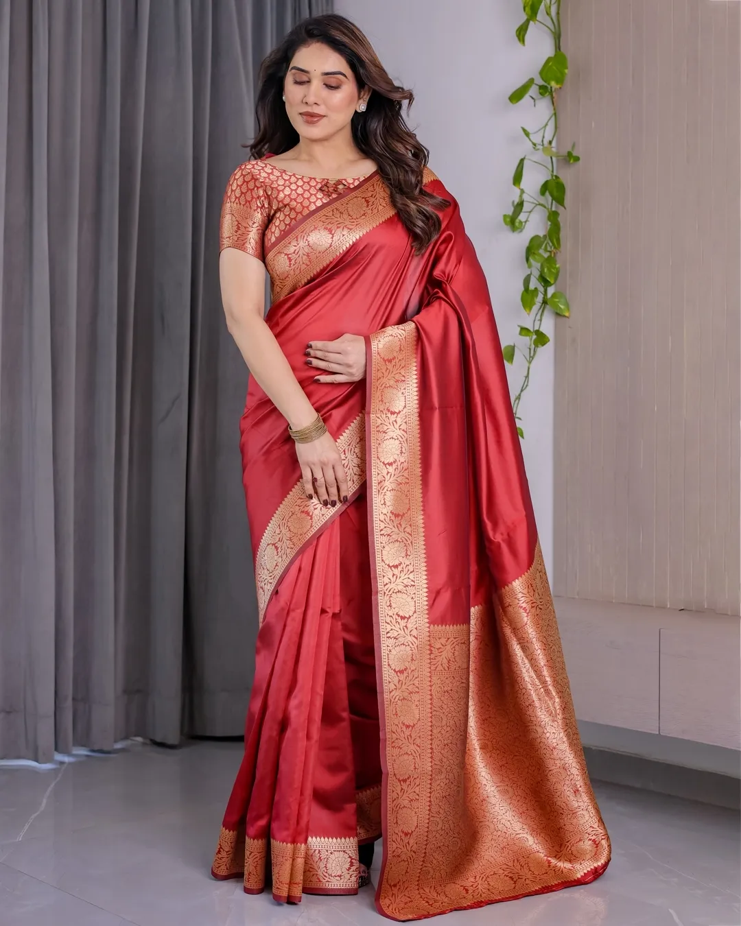 Red Banarasi Silk Saree With Rich Golden Zari Floral Border