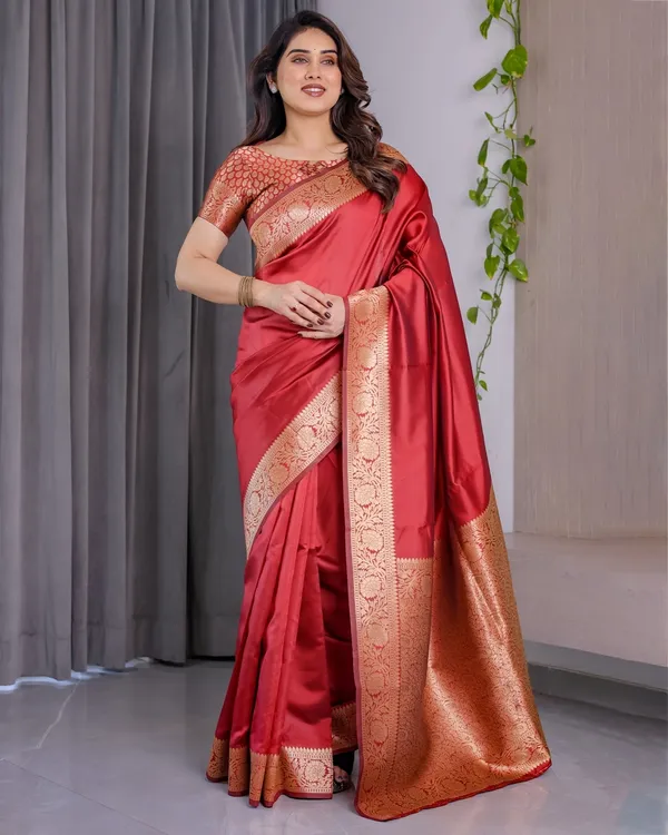 Red Banarasi Silk Saree With Rich Golden Zari Floral Border