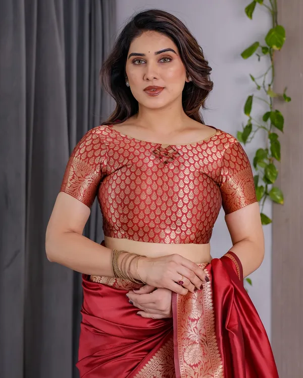 Red Banarasi Silk Saree With Rich Golden Zari Floral Border