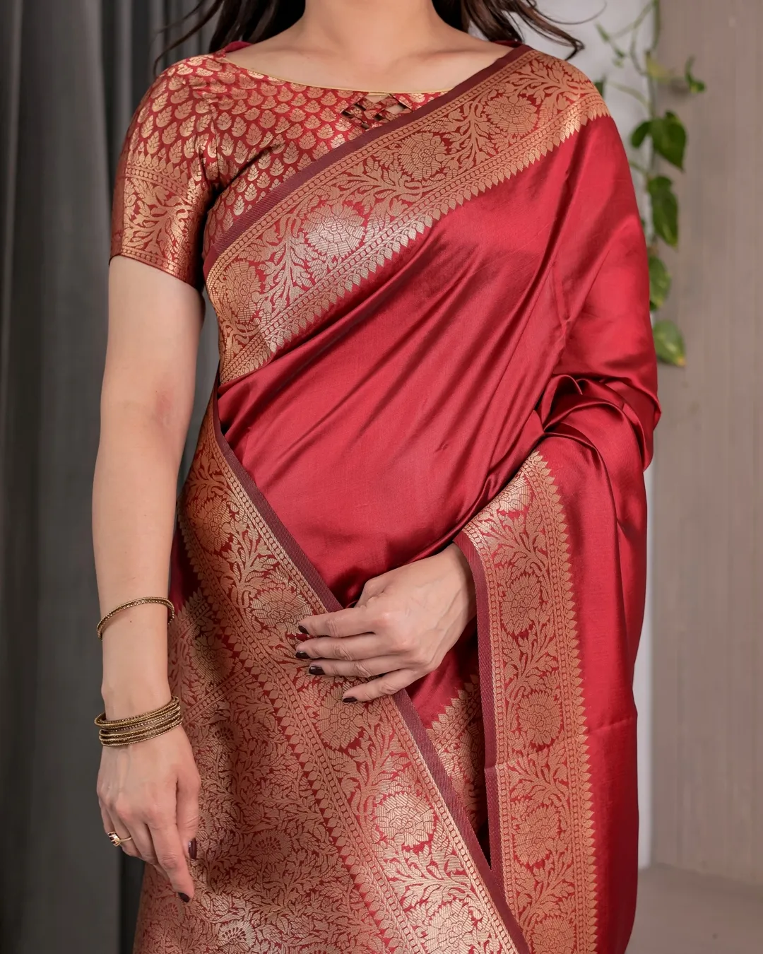 Red Banarasi Silk Saree With Rich Golden Zari Floral Border