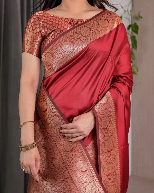 Red Banarasi Silk Saree With Rich Golden Zari Floral Border