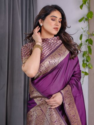 Royal Purple Banarasi Soft Silk Saree with Floral Zari Work