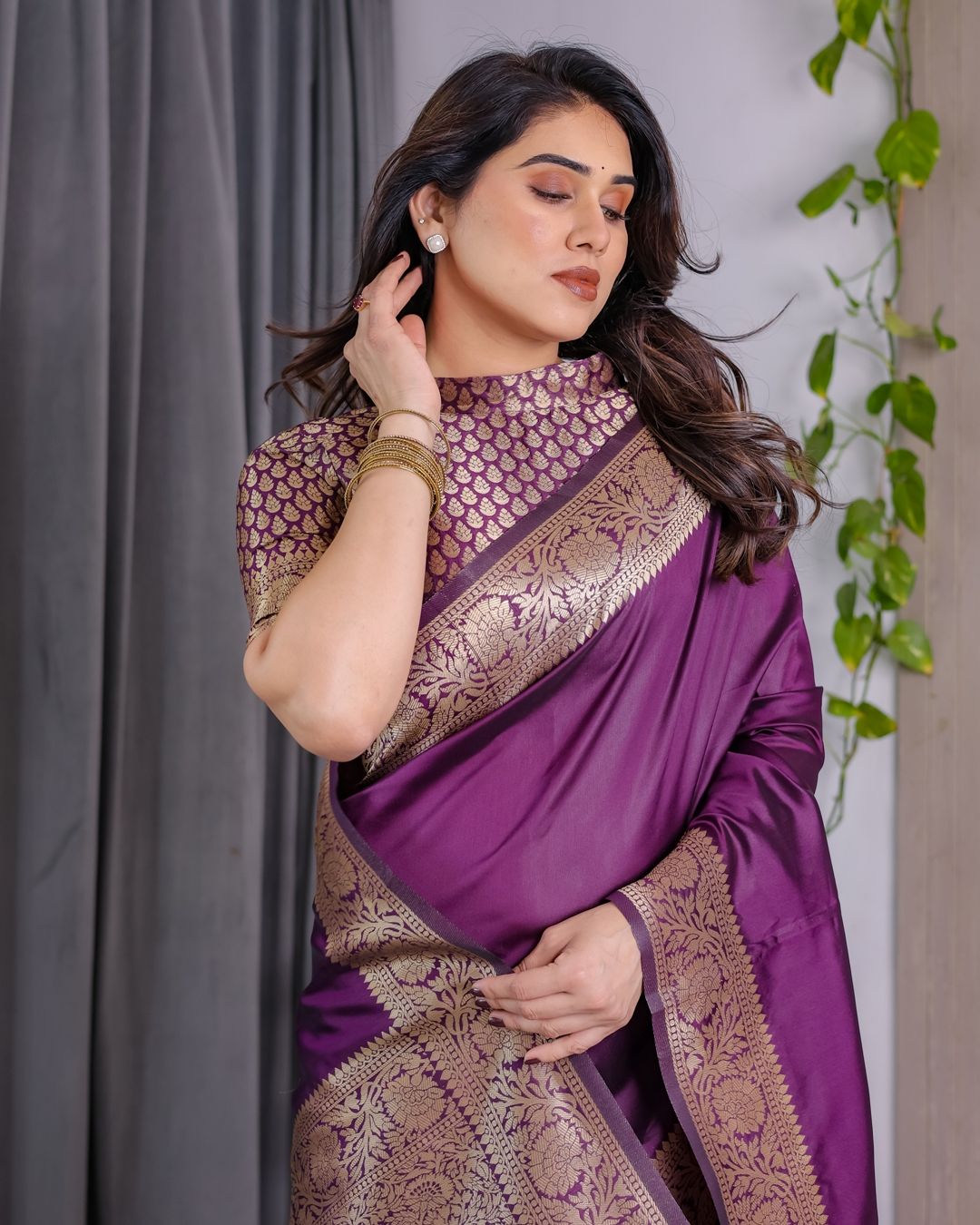 Royal Purple Banarasi Soft Silk Saree With Floral Zari Work