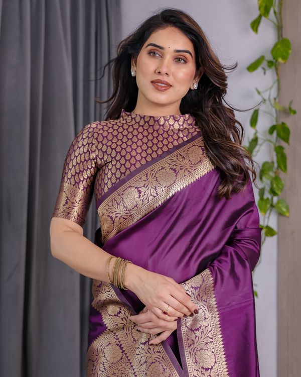 Royal Purple Banarasi Soft Silk Saree With Floral Zari Work