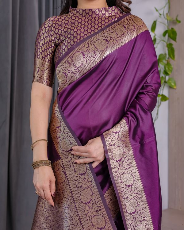 Royal Purple Banarasi Soft Silk Saree With Floral Zari Work
