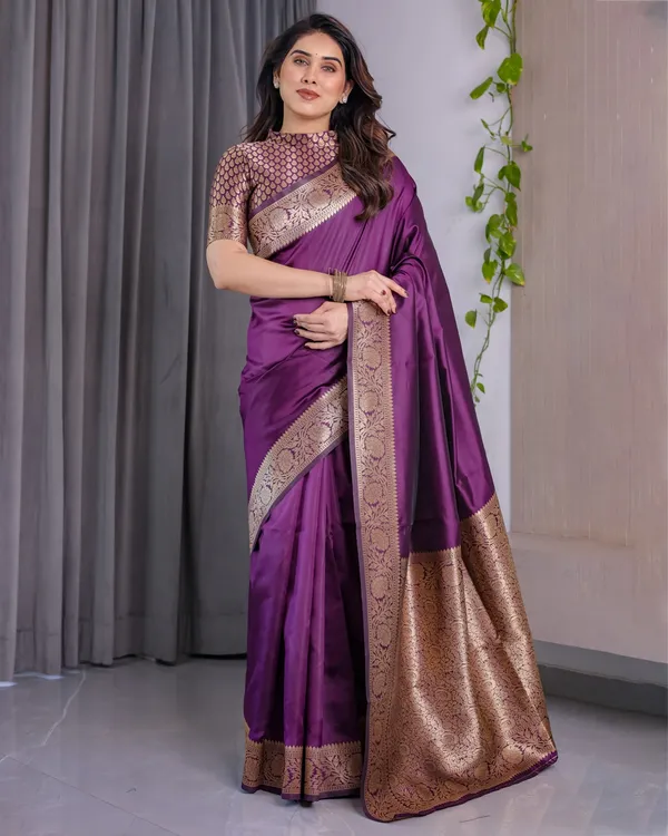 Royal Purple Banarasi Soft Silk Saree With Floral Zari Work