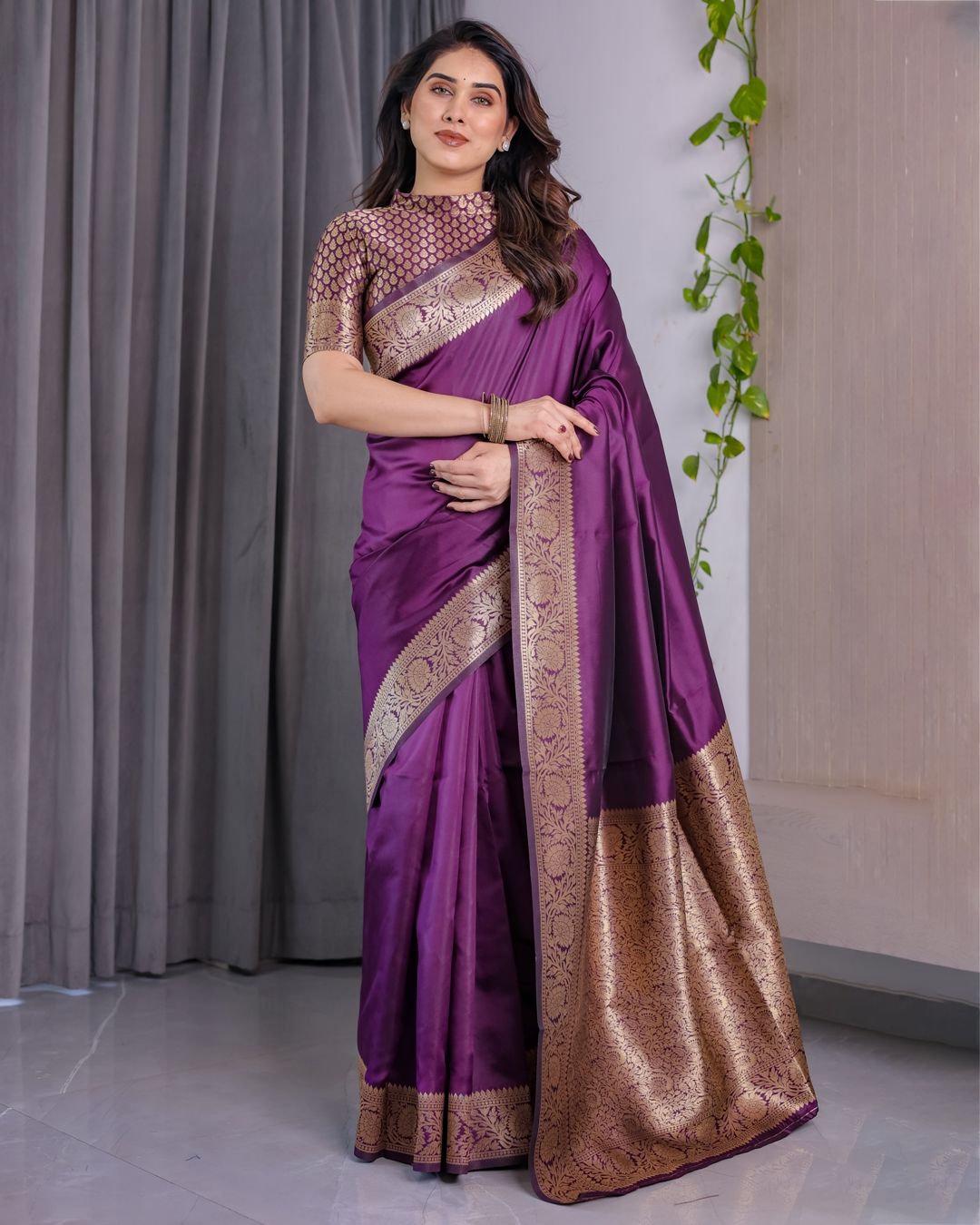 Royal Purple Banarasi Soft Silk Saree With Floral Zari Work