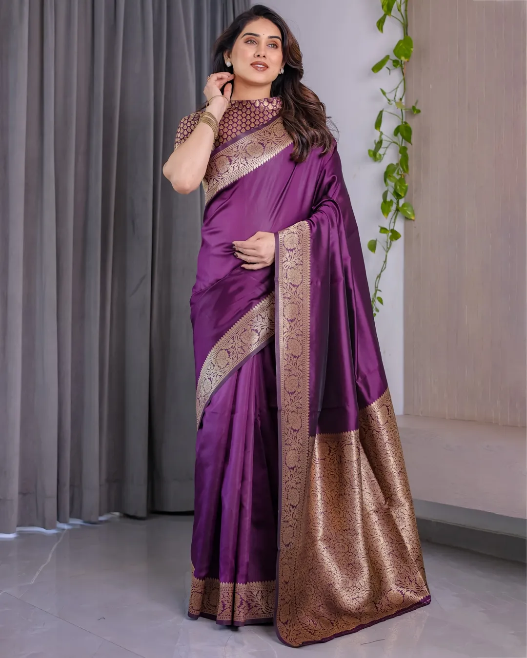 Royal Purple Banarasi Soft Silk Saree With Floral Zari Work