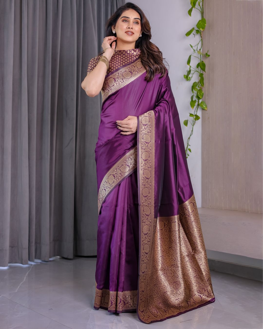 Royal Purple Banarasi Soft Silk Saree With Floral Zari Work