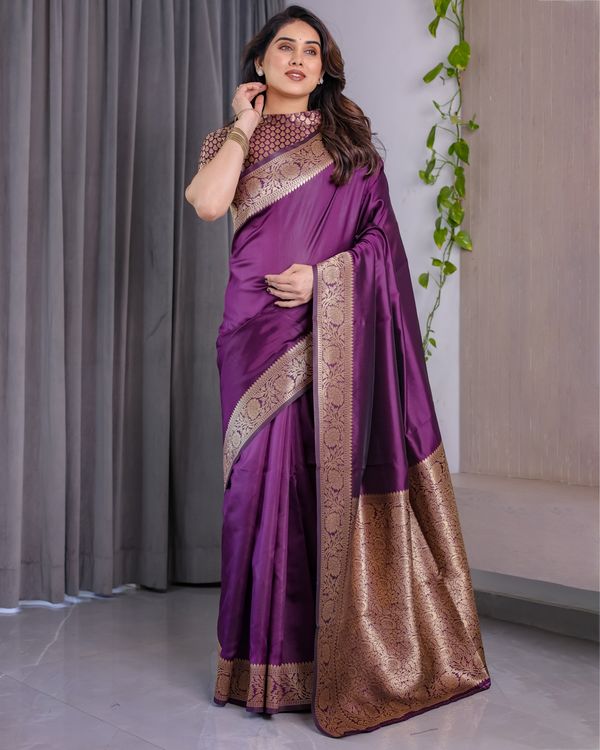Royal Purple Banarasi Soft Silk Saree With Floral Zari Work