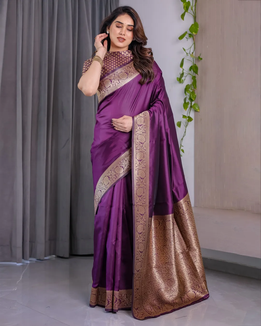 Royal Purple Banarasi Soft Silk Saree With Floral Zari Work