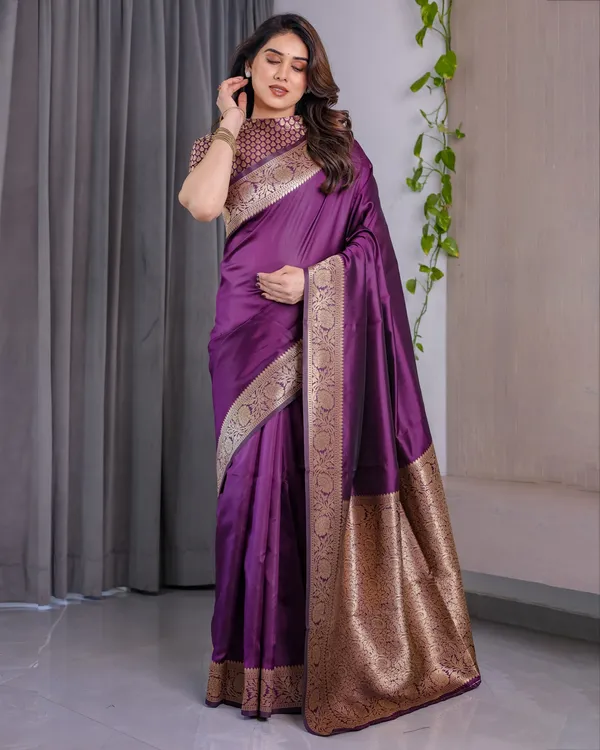 Royal Purple Banarasi Soft Silk Saree With Floral Zari Work