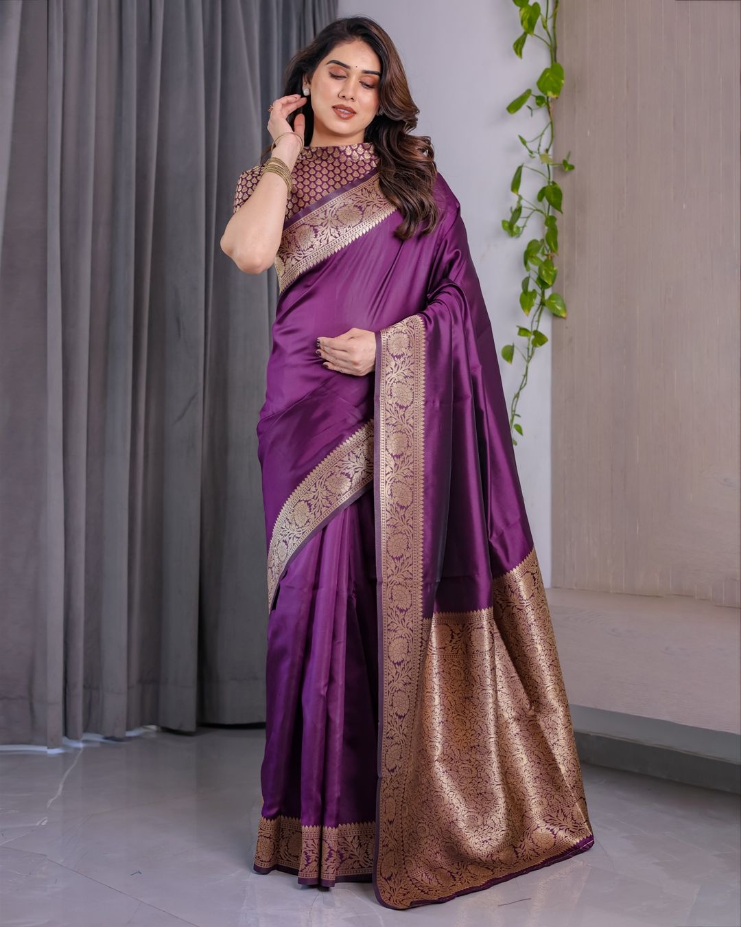 Royal Purple Banarasi Soft Silk Saree With Floral Zari Work