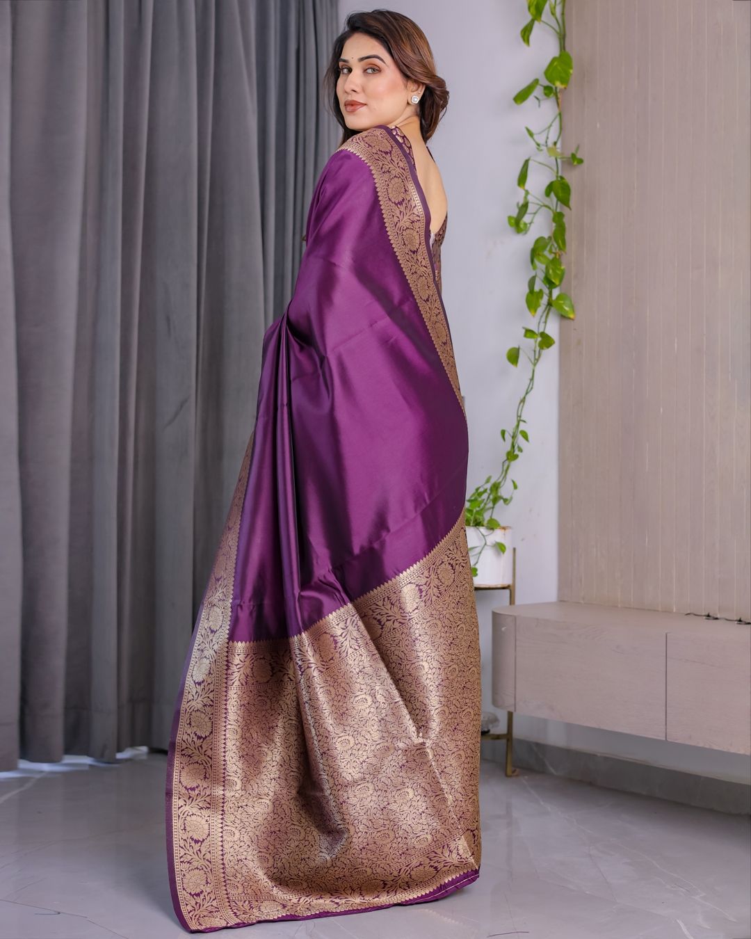 Royal Purple Banarasi Soft Silk Saree With Floral Zari Work