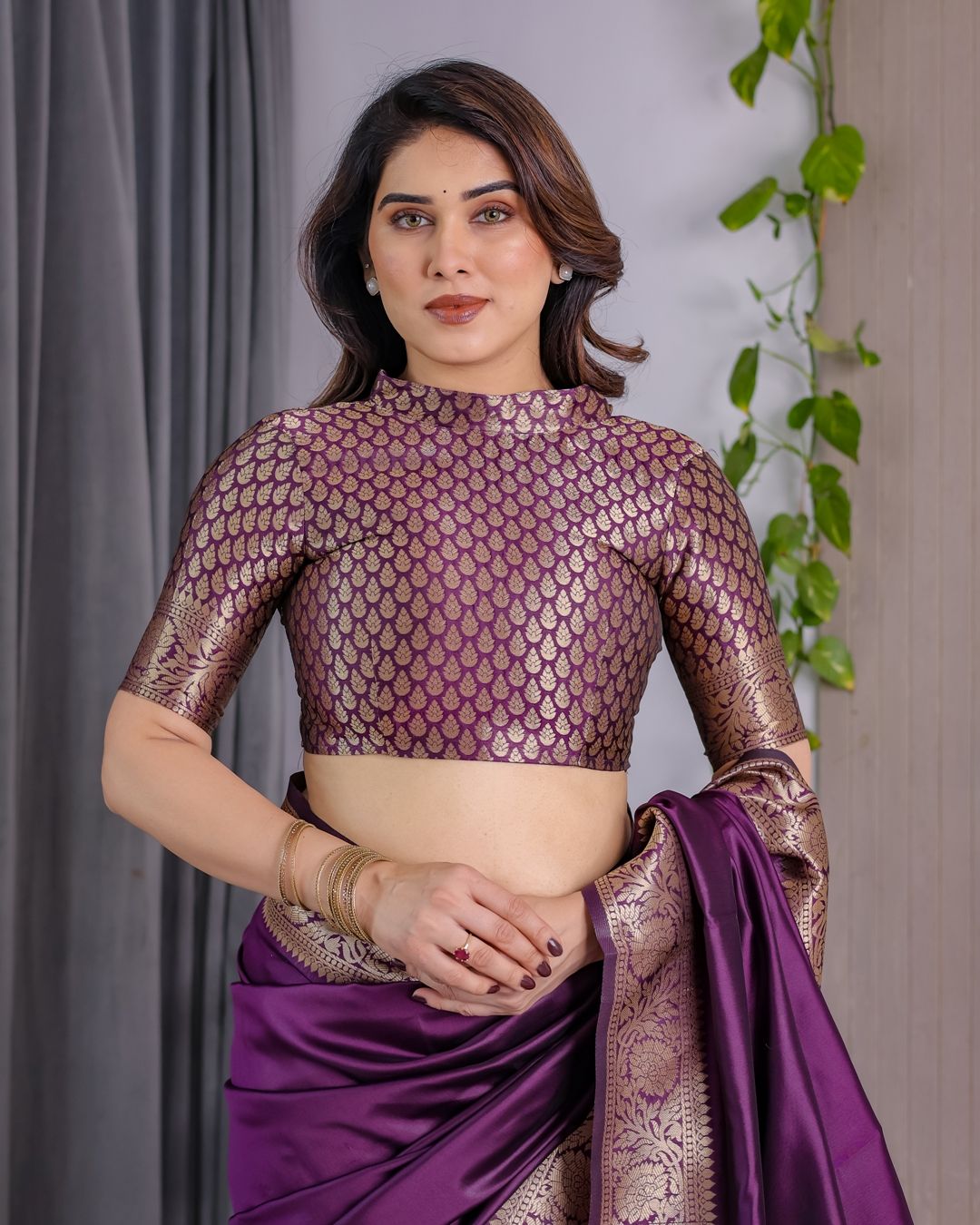 Royal Purple Banarasi Soft Silk Saree With Floral Zari Work