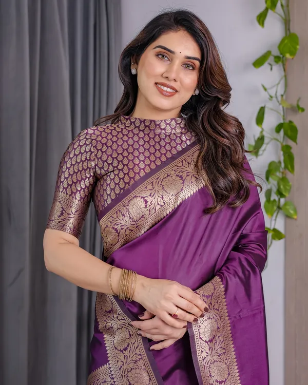 Royal Purple Banarasi Soft Silk Saree With Floral Zari Work