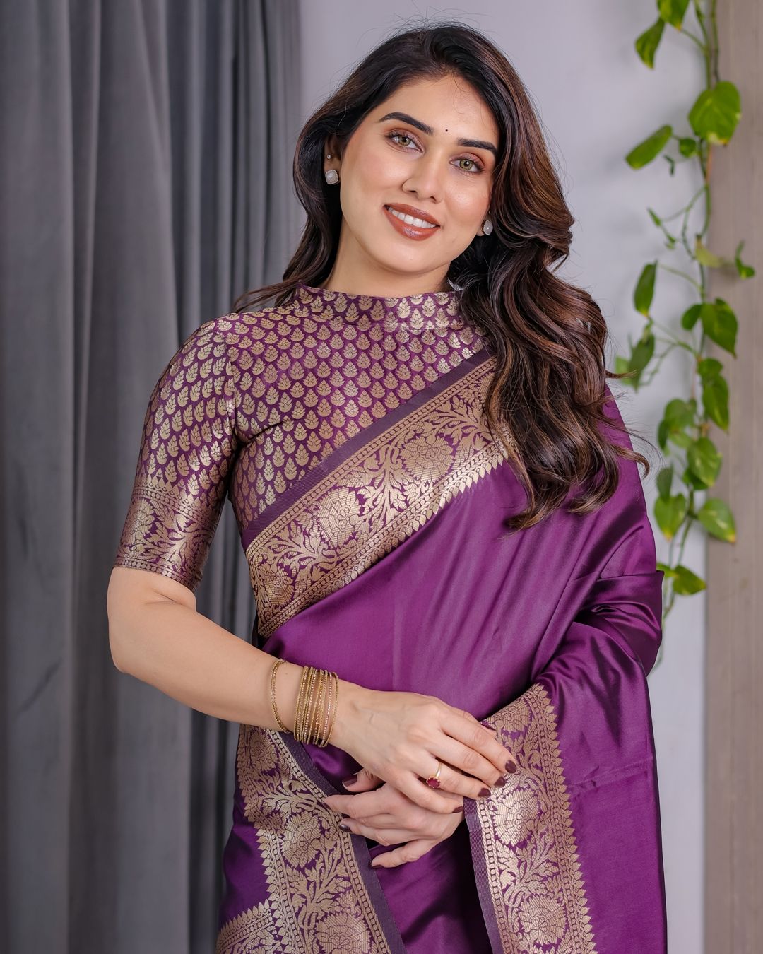 Royal Purple Banarasi Soft Silk Saree With Floral Zari Work