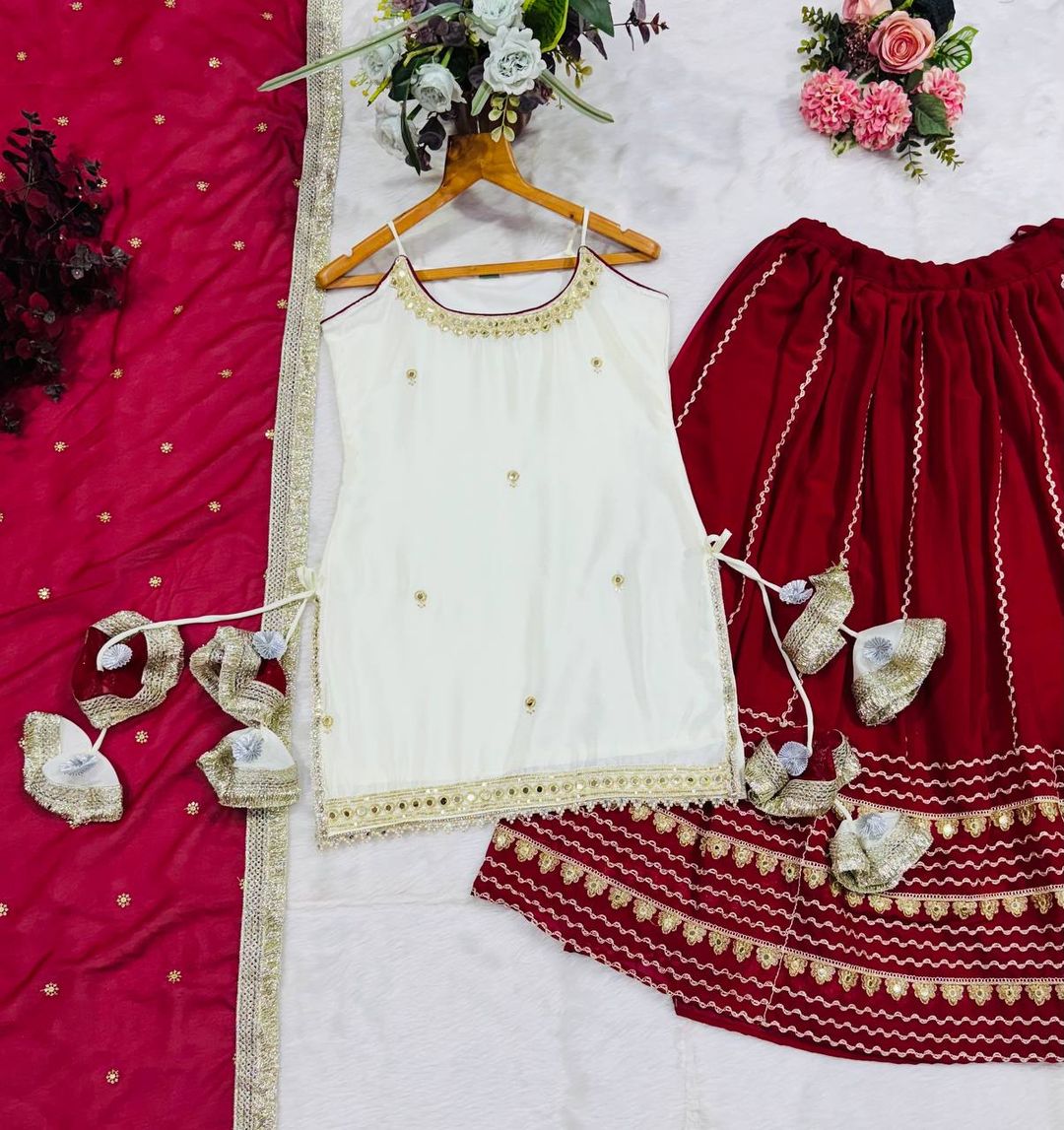 Off White Vichitra Silk Crop Top Lehenga Set with Zari Work