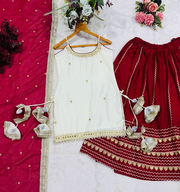 Off White Vichitra Silk Crop Top Lehenga Set with Zari Work