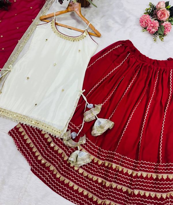 Off White Vichitra Silk Crop Top Lehenga Set with Zari Work