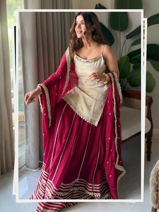 Off White Vichitra Silk Crop Top Lehenga Set with Zari Work