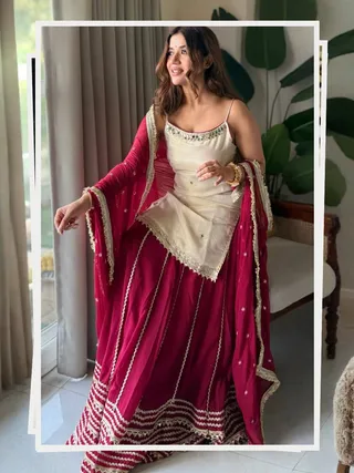 Off White Vichitra Silk Crop Top Lehenga Set with Zari Work
