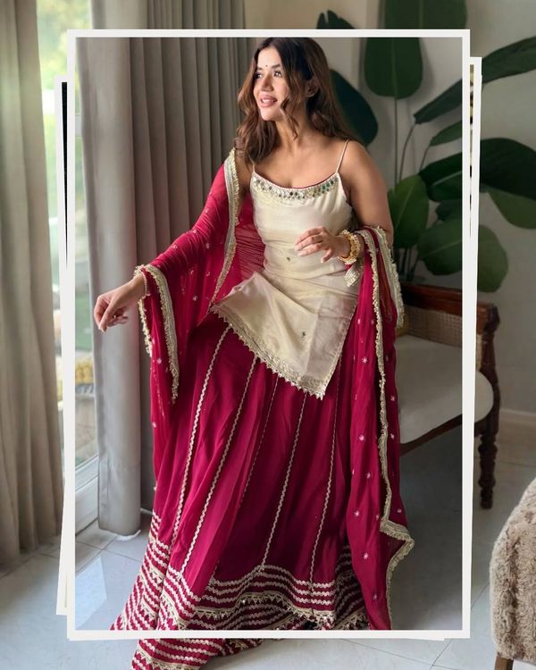 Off White Vichitra Silk Crop Top Lehenga Set with Zari Work