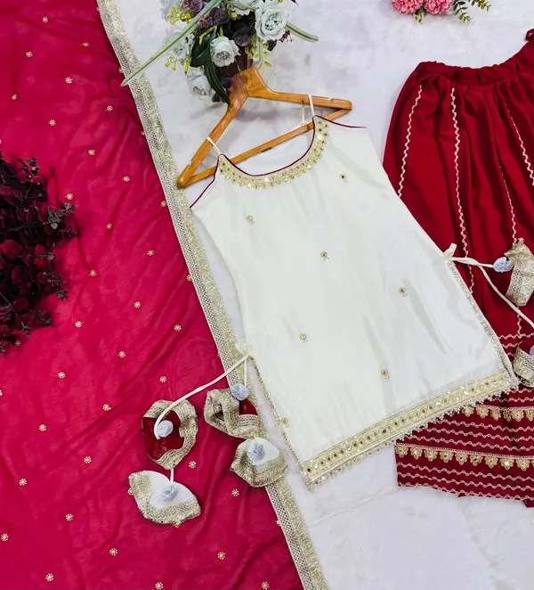 Off White Vichitra Silk Crop Top Lehenga Set with Zari Work