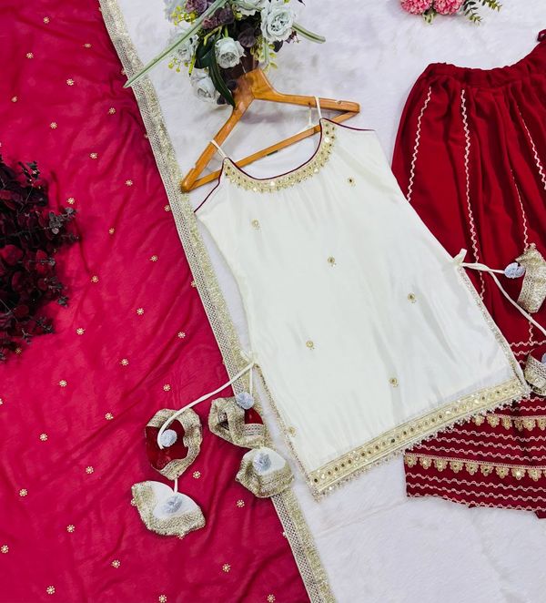 Off White Vichitra Silk Crop Top Lehenga Set with Zari Work