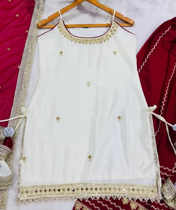 Off White Vichitra Silk Crop Top Lehenga Set with Zari Work