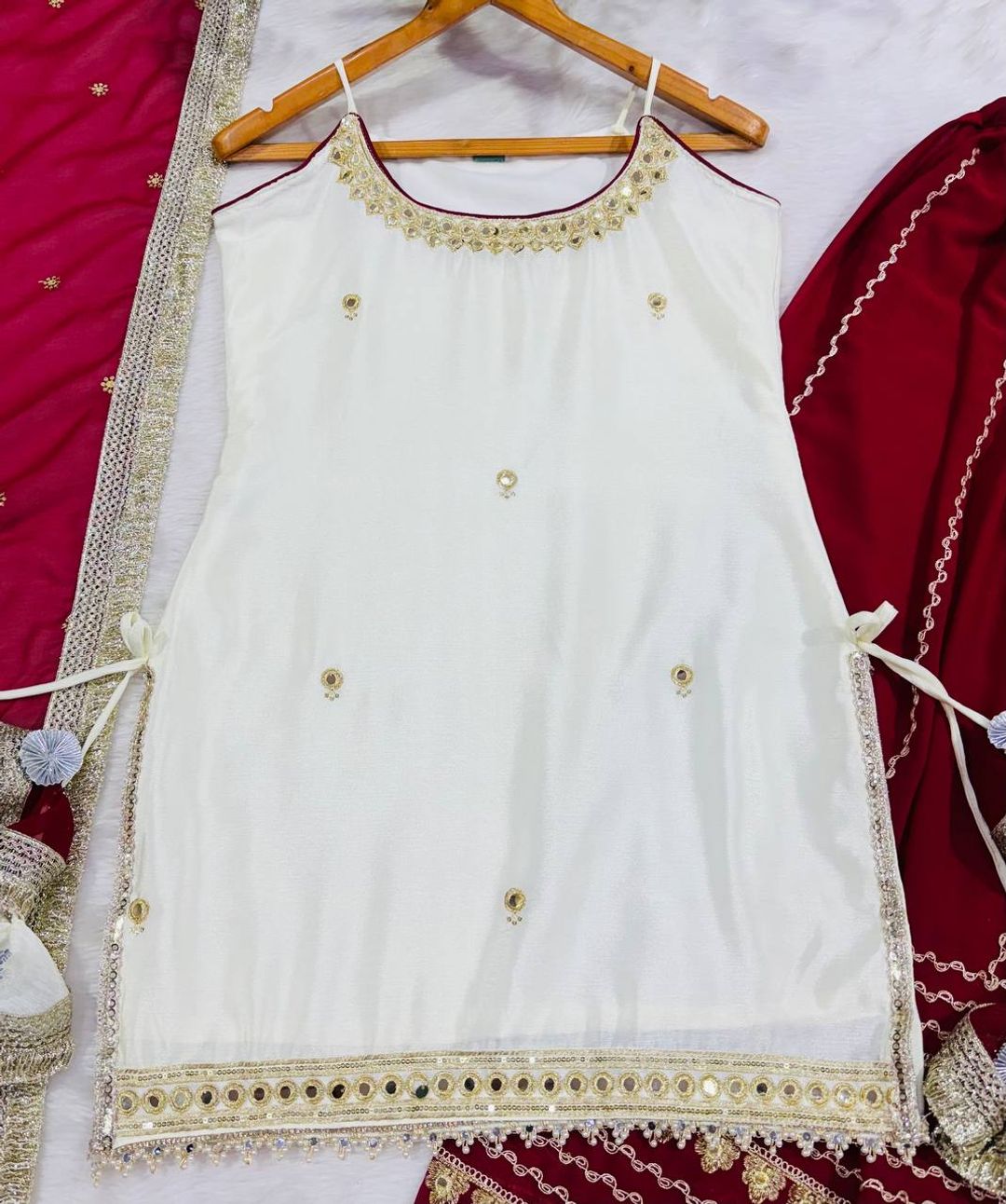 Off White Vichitra Silk Crop Top Lehenga Set with Zari Work