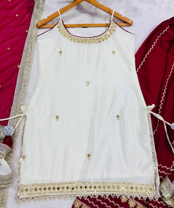 Off White Vichitra Silk Crop Top Lehenga Set with Zari Work