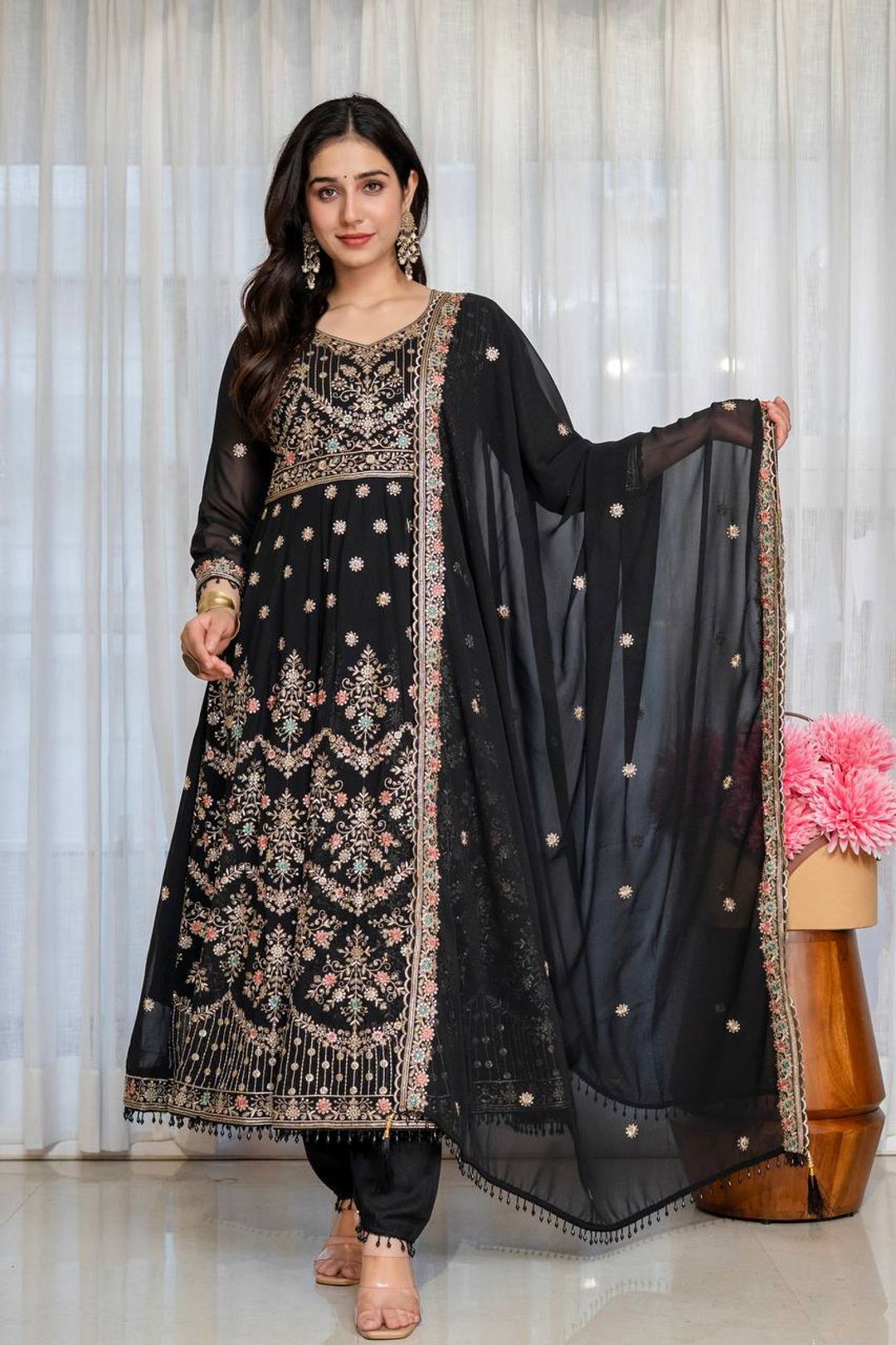 Black Anarkali Suit Set with Sequin Zari and Moti Lace Work
